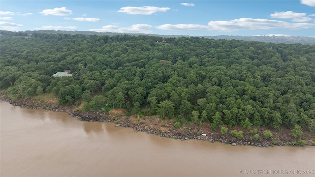 bird's eye view with a water view and a forest view