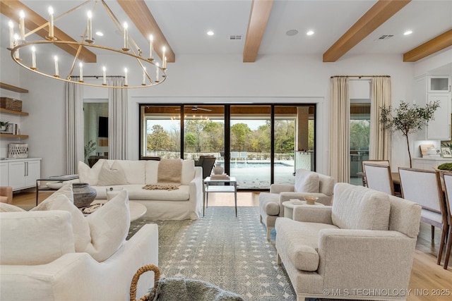 living room with light wood finished floors, beam ceiling, visible vents, and recessed lighting