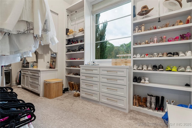 walk in closet with light colored carpet