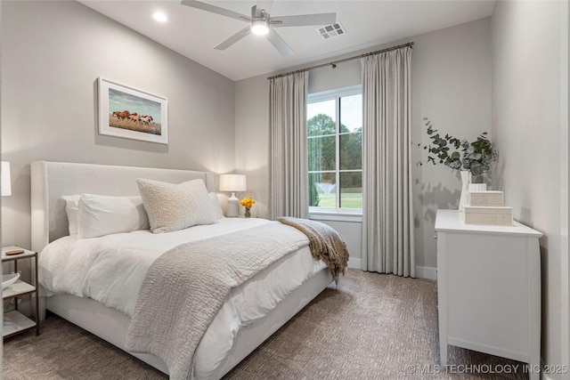 bedroom with ceiling fan, recessed lighting, carpet floors, visible vents, and baseboards