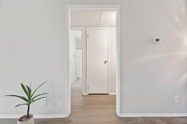 hallway with baseboards and light wood-style flooring