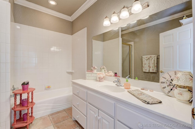 full bath featuring a tub to relax in, ornamental molding, tile patterned floors, an enclosed shower, and vanity