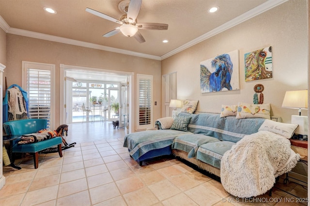 living room with light tile patterned floors, a ceiling fan, crown molding, and recessed lighting