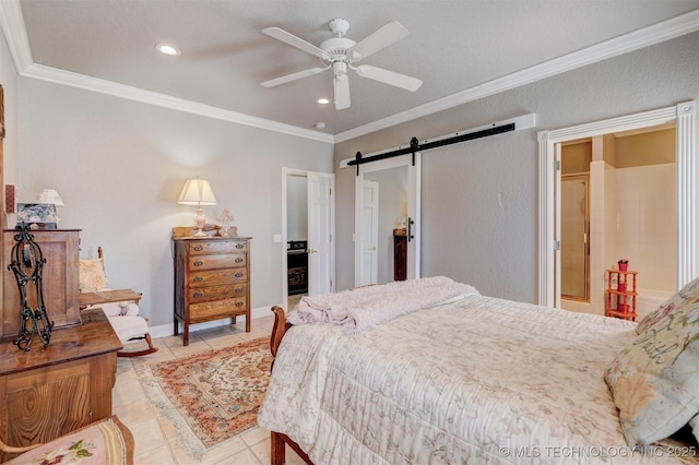 bedroom featuring light tile patterned floors, recessed lighting, a barn door, ornamental molding, and baseboards