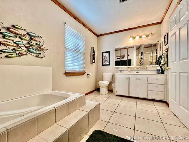 full bathroom with a garden tub, crown molding, toilet, vanity, and tile patterned flooring