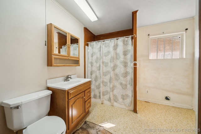 bathroom with toilet, a shower with shower curtain, and vanity