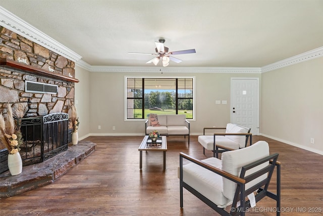 16306 N Javine Hill Rd, Skiatook, OK 74070 - living room featuring a ceiling fan, ornamental molding, a fireplace, and wood finished floors