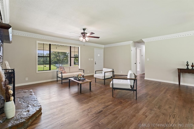 16306 N Javine Hill Rd, Skiatook, OK 74070 - living room featuring crown molding, ceiling fan, and dark wood-style floors