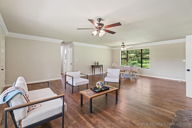 16306 N Javine Hill Rd, Skiatook, OK 74070 - living room featuring a ceiling fan, wood finished floors, and ornamental molding