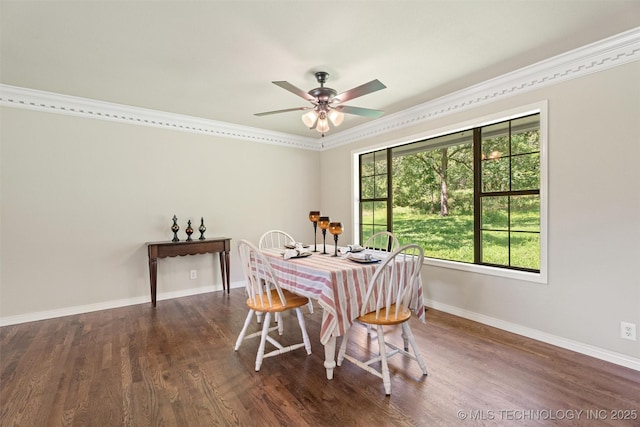 16306 N Javine Hill Rd, Skiatook, OK 74070 - dining room with a ceiling fan, crown molding, and dark wood finished floors