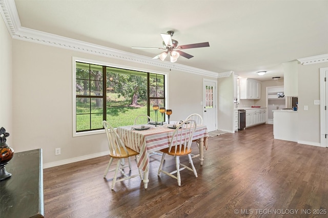 16306 N Javine Hill Rd, Skiatook, OK 74070 - dining area with a ceiling fan, crown molding, and dark wood-style flooring