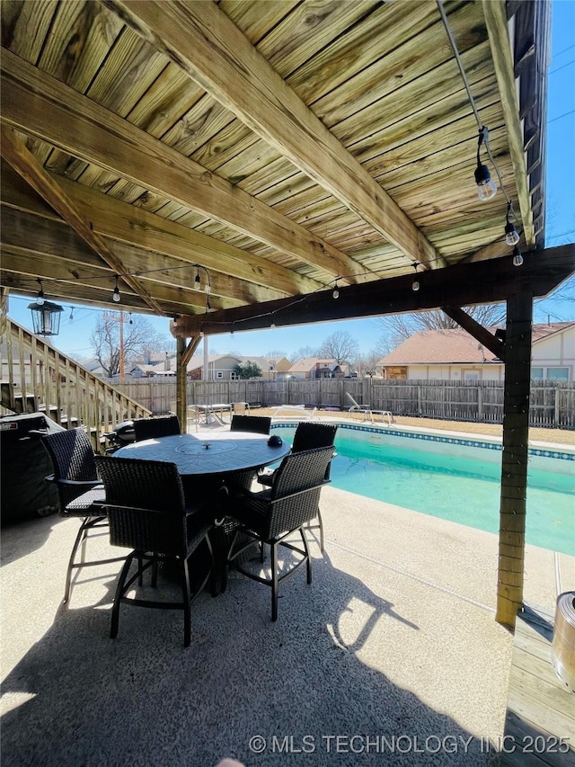 view of swimming pool with a fenced backyard, a fenced in pool, and a patio