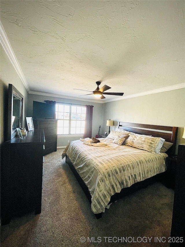 carpeted bedroom with a textured ceiling, ceiling fan, and crown molding