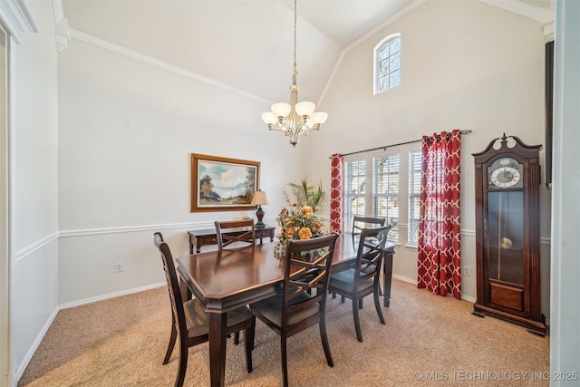 dining space featuring light carpet, baseboards, and a notable chandelier