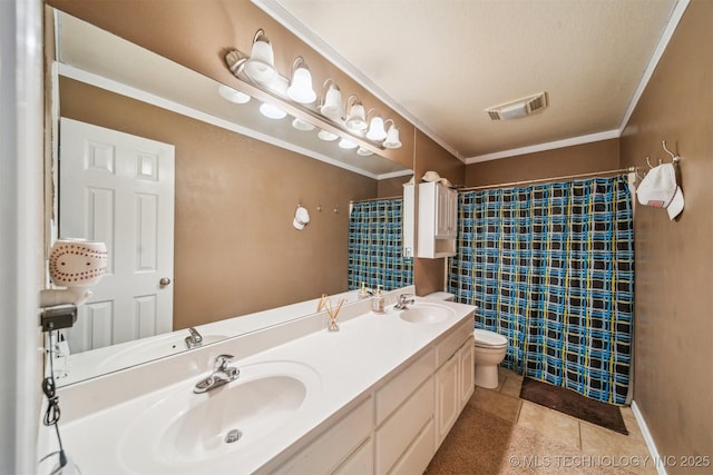 full bathroom with ornamental molding, visible vents, a sink, and toilet