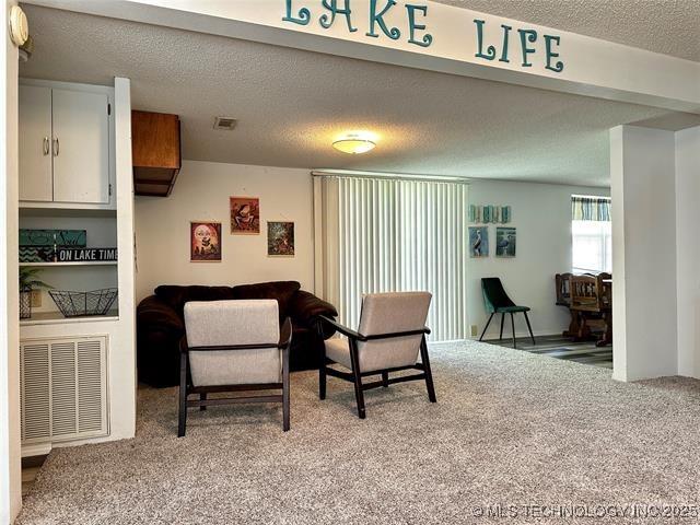 carpeted living area with visible vents and a textured ceiling