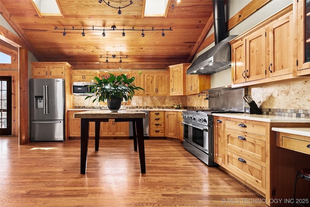 kitchen with stainless steel appliances, light countertops, light wood-style floors, and lofted ceiling with skylight