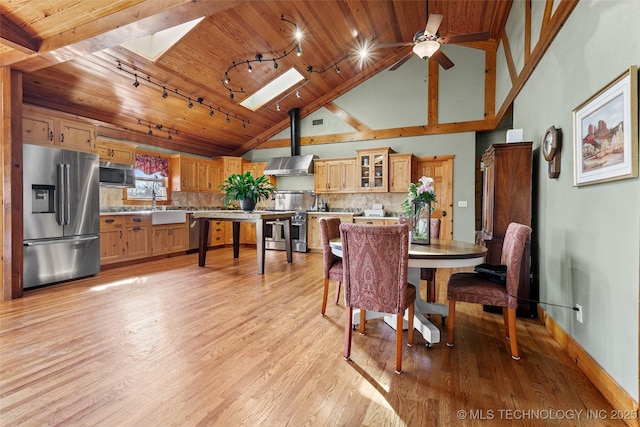 dining space with wooden ceiling, a skylight, a ceiling fan, light wood-style floors, and track lighting