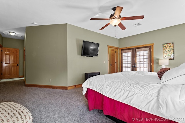 carpeted bedroom with ceiling fan, french doors, visible vents, and baseboards