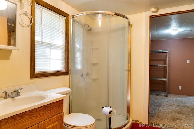 bathroom featuring toilet, a stall shower, and vanity