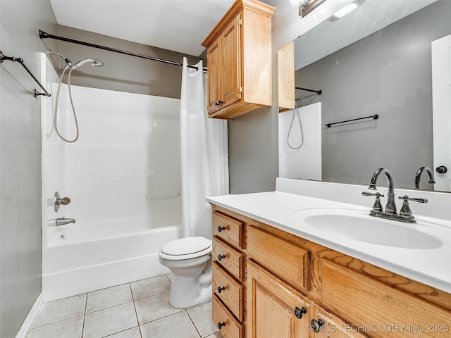 bathroom featuring shower / tub combo, vanity, toilet, and tile patterned floors