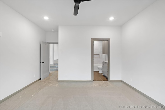 227 E 35th St, Tulsa, OK 74105 - unfurnished bedroom featuring recessed lighting, carpet flooring, baseboards, connected bathroom, and ceiling fan
