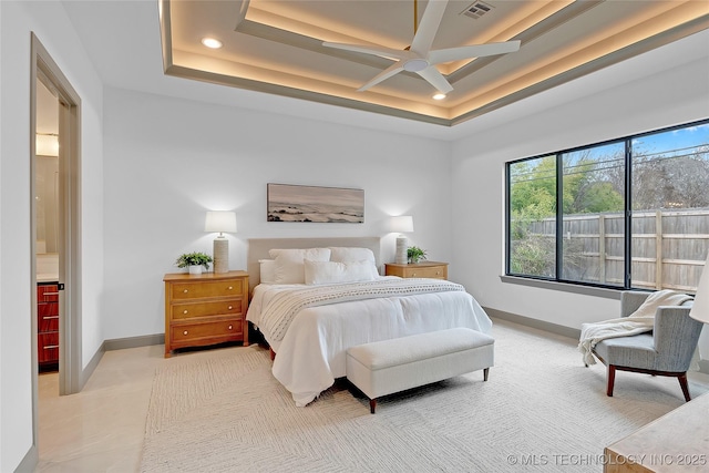 227 E 35th St, Tulsa, OK 74105 - bedroom featuring baseboards, a raised ceiling, a ceiling fan, and recessed lighting