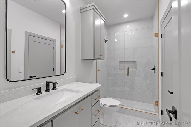 227 E 35th St, Tulsa, OK 74105 - bathroom with vanity, a stall shower, toilet, and recessed lighting