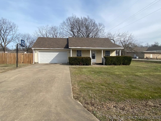 ranch-style home featuring concrete driveway, an attached garage, fence, a front lawn, and a porch