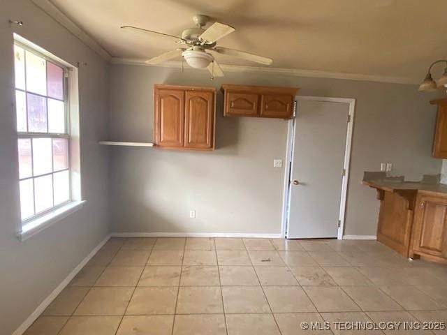 kitchen featuring baseboards, plenty of natural light, ornamental molding, and a ceiling fan