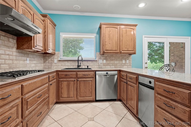 1474 S 271st W Ave, Sand Springs, OK 74063 - kitchen with stainless steel appliances, exhaust hood, light countertops, tasteful backsplash, and light tile patterned floors