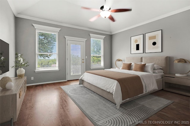 1474 S 271st W Ave, Sand Springs, OK 74063 - bedroom with access to exterior, wood finished floors, crown molding, and ceiling fan