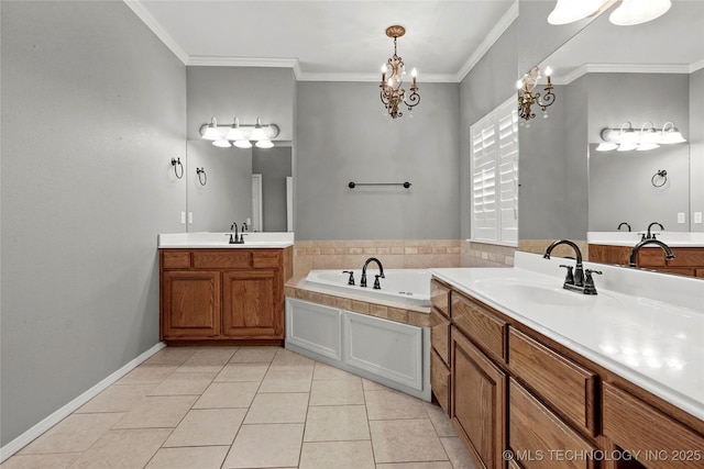 1474 S 271st W Ave, Sand Springs, OK 74063 - full bathroom with two vanities, a garden tub, a chandelier, crown molding, and tile patterned flooring