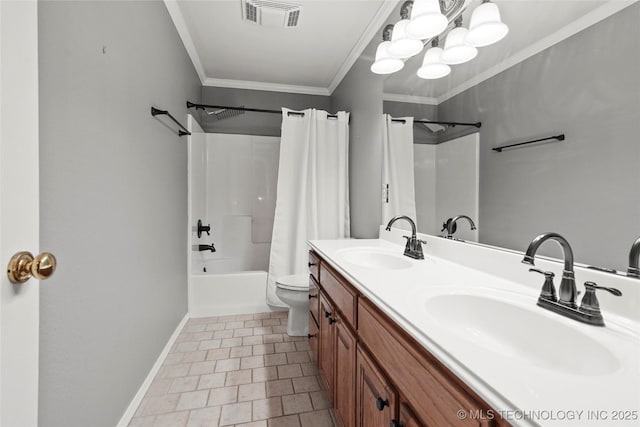 1474 S 271st W Ave, Sand Springs, OK 74063 - bathroom with shower / bathtub combination with curtain, ornamental molding, double vanity, tile patterned flooring, and a chandelier