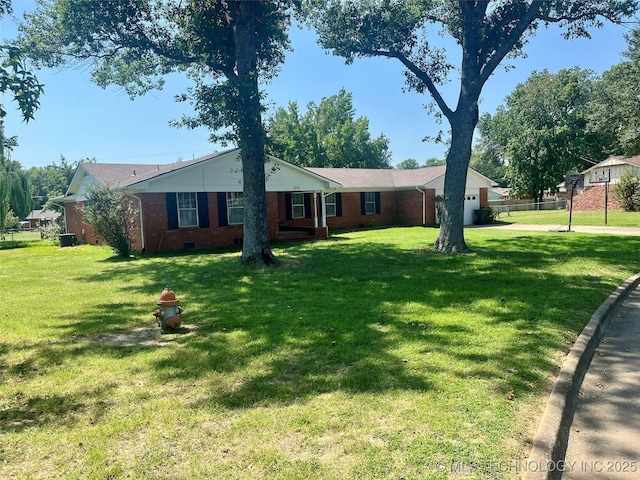 single story home with a garage, brick siding, fence, crawl space, and a front yard