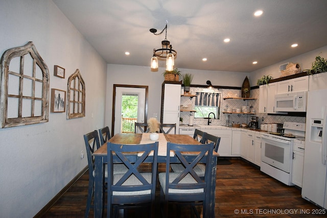 kitchen with dark wood-style floors, open shelves, tasteful backsplash, white cabinets, and white appliances