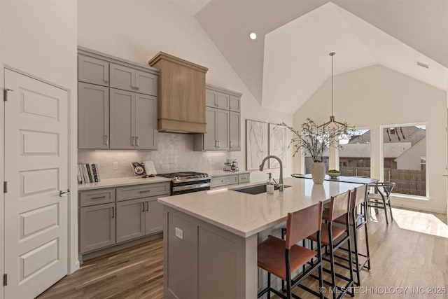 kitchen featuring stainless steel gas range, gray cabinets, a sink, and dark wood-style floors