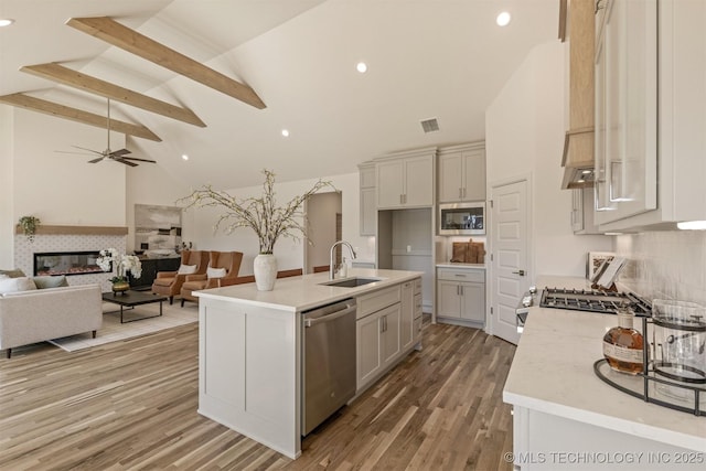 kitchen with stainless steel appliances, light wood-style floors, a sink, and a tiled fireplace