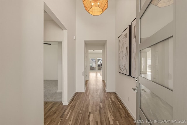 hall with a high ceiling, baseboards, and wood finished floors