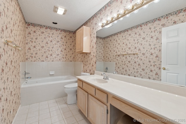 full bathroom with a textured ceiling, tile patterned floors, a bath, and wallpapered walls