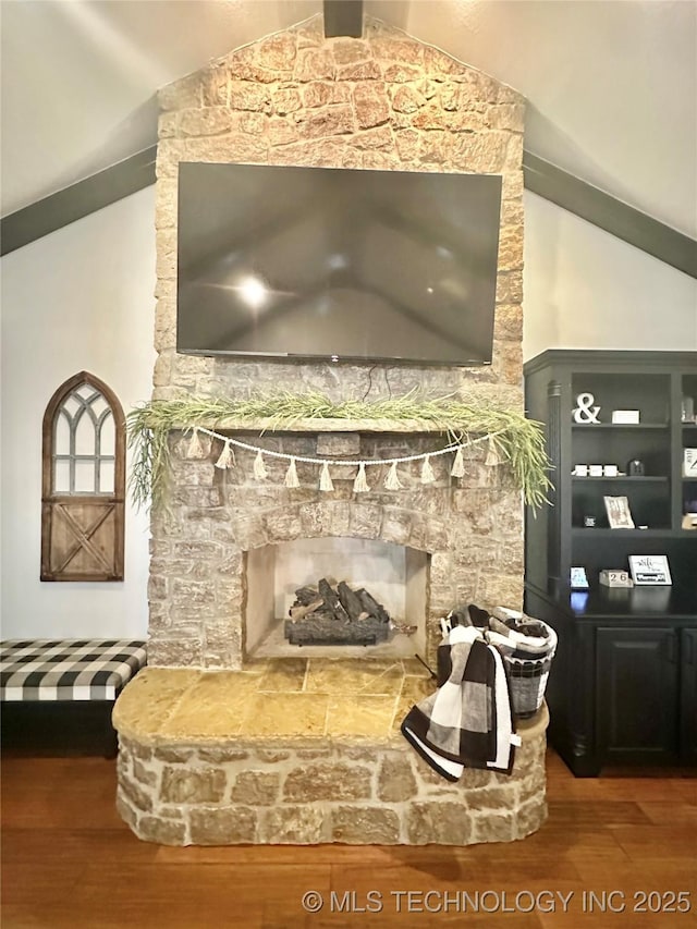 room details with a stone fireplace and wood finished floors