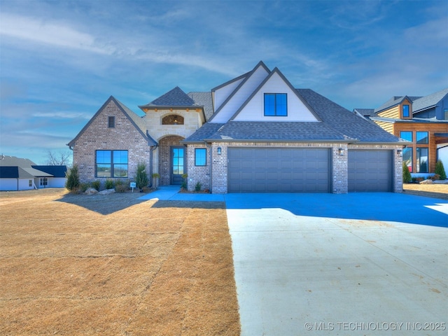 view of front facade with brick siding, roof with shingles, concrete driveway, a front yard, and a garage