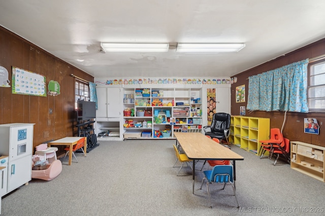 recreation room with carpet floors and wooden walls