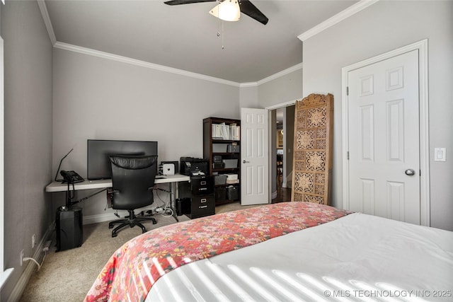 bedroom featuring carpet floors, ornamental molding, baseboards, and ceiling fan