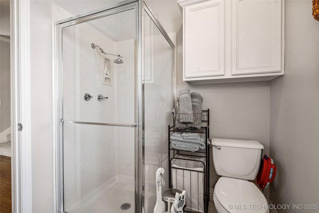 full bathroom featuring toilet and a shower stall