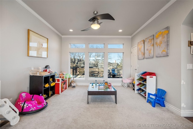 rec room featuring baseboards, ornamental molding, carpet flooring, and recessed lighting