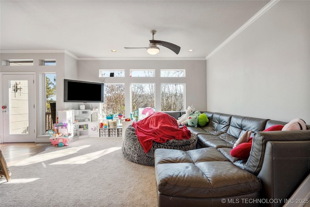 living area featuring carpet, ornamental molding, ceiling fan, and recessed lighting