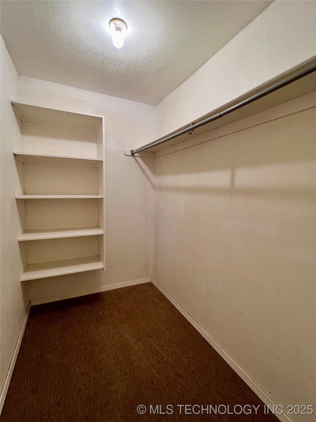 walk in closet featuring dark colored carpet