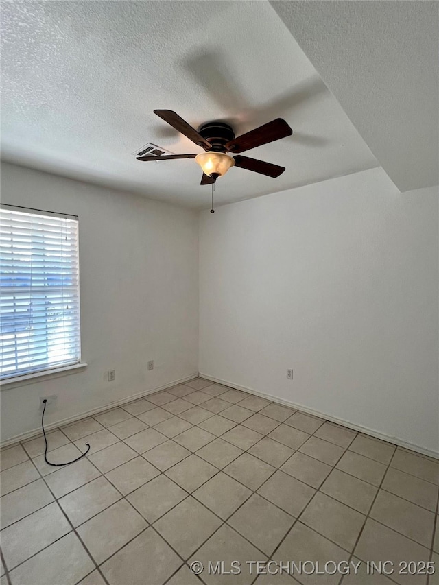 spare room with visible vents, a textured ceiling, and ceiling fan