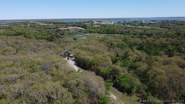 bird's eye view with a water view and a wooded view